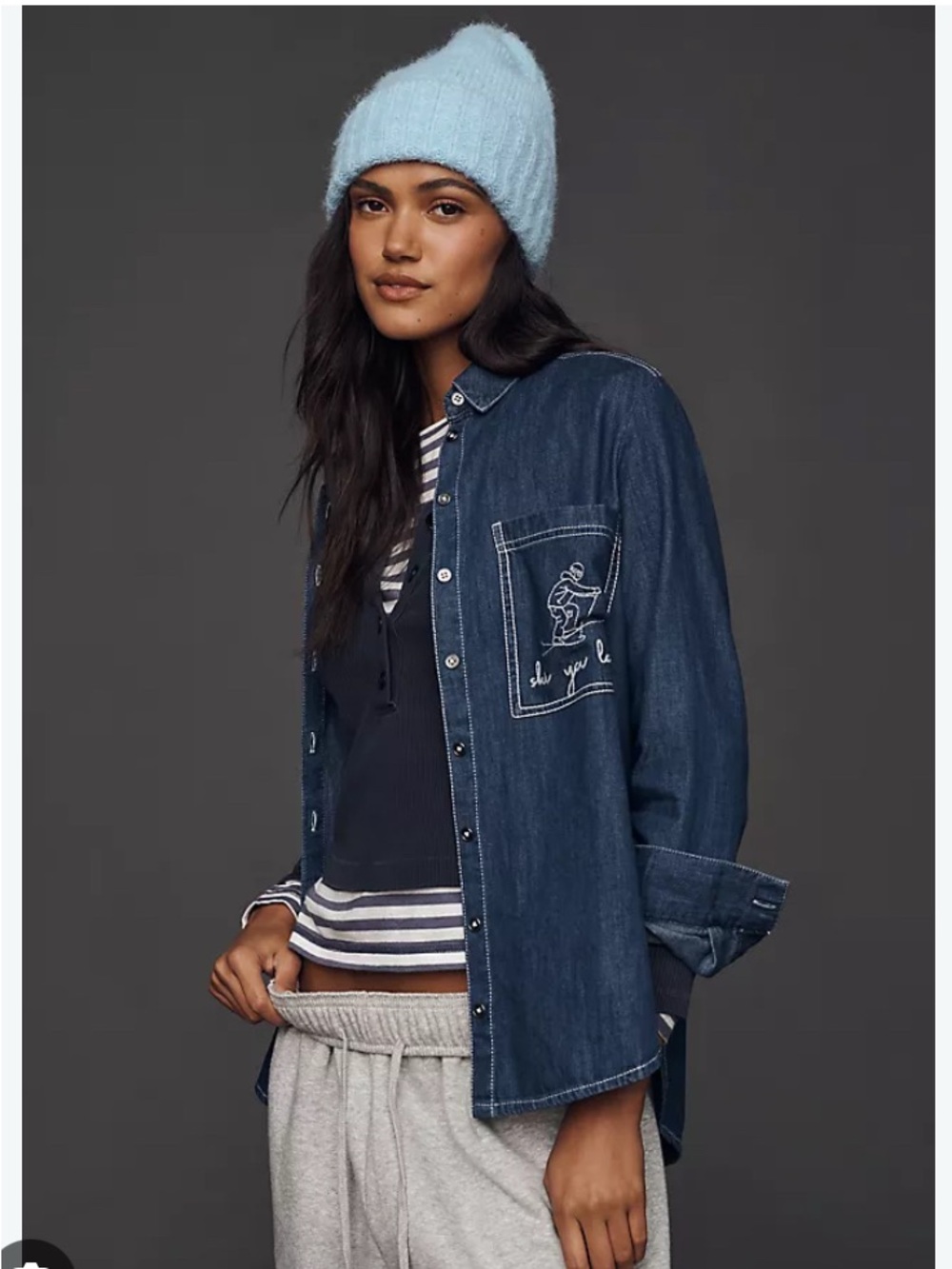 Pilcro Anthropologie Blue Denim Shirt “Ski Ya Later” Embroidery XL